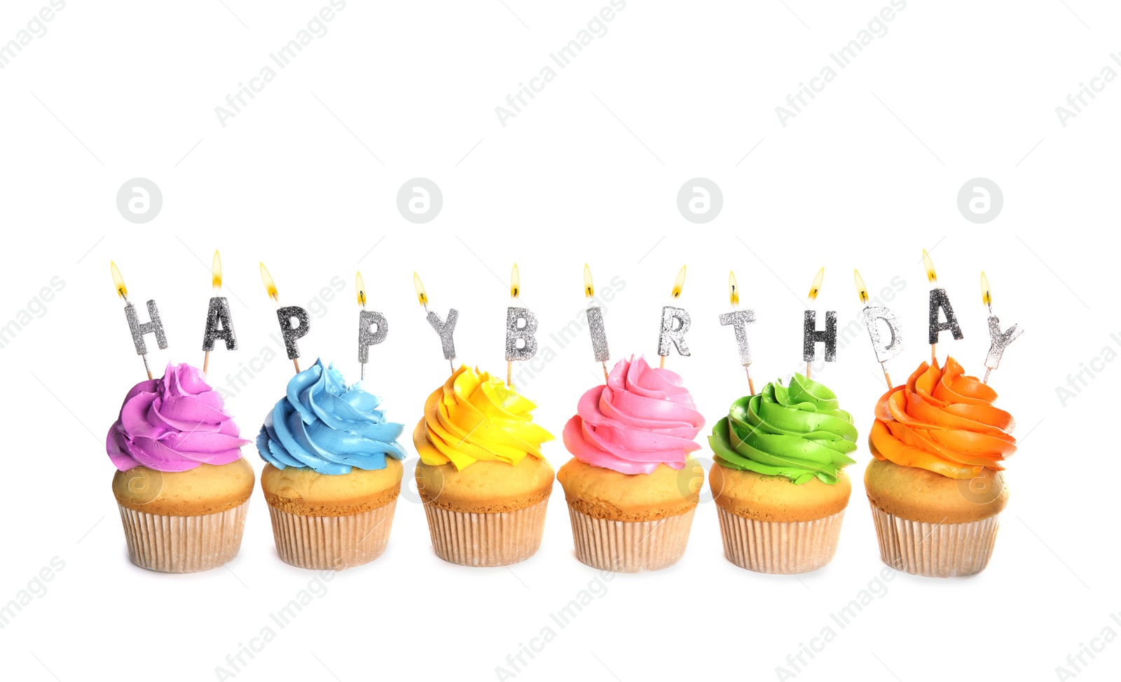 Photo of Birthday cupcakes with burning candles on white background