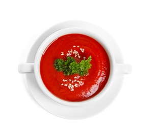 Photo of Dish with fresh homemade tomato soup on white background, top view