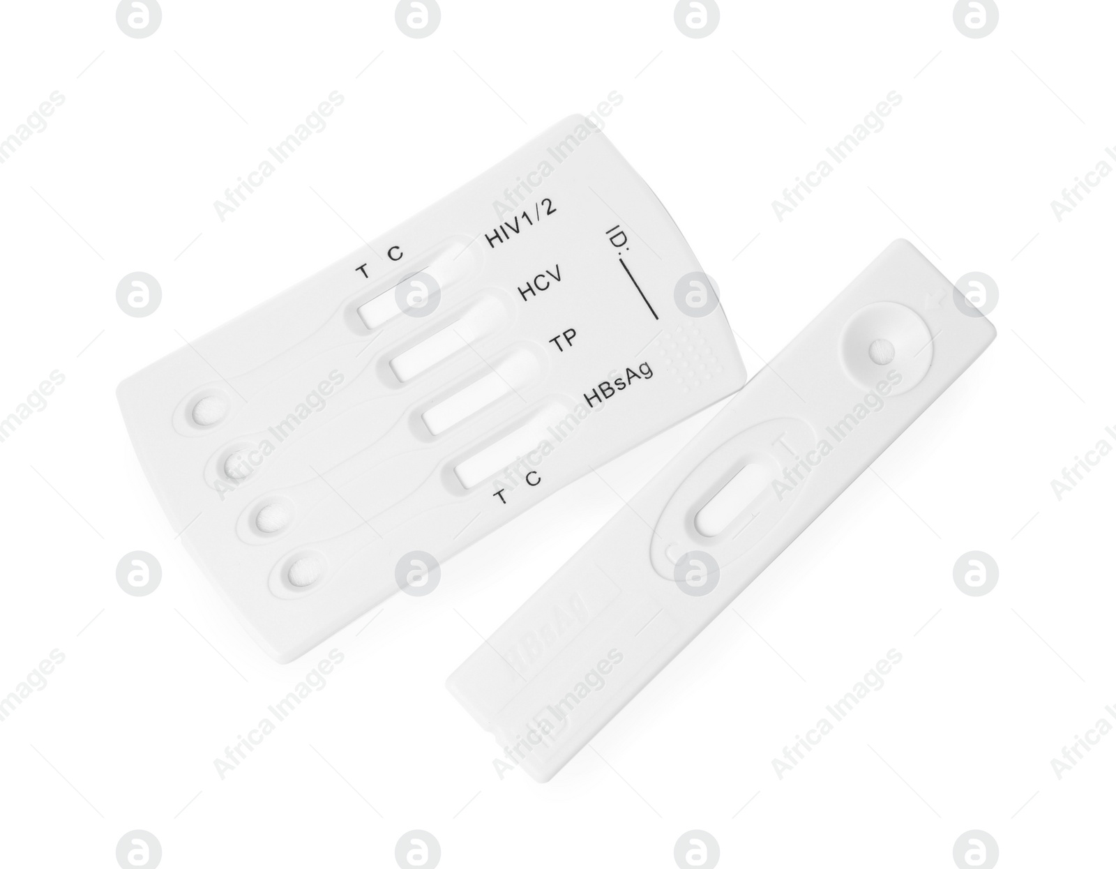 Photo of Two disposable express tests for hepatitis on white background, top view