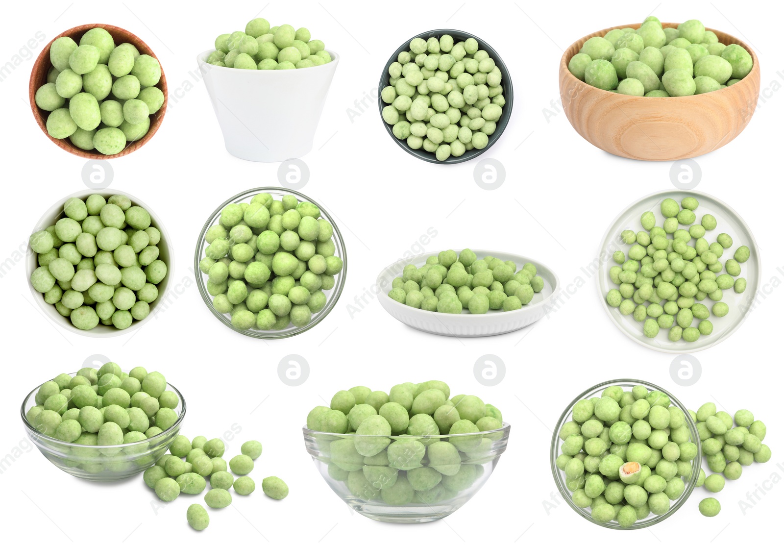 Image of Set with spicy wasabi coated peanuts on white background