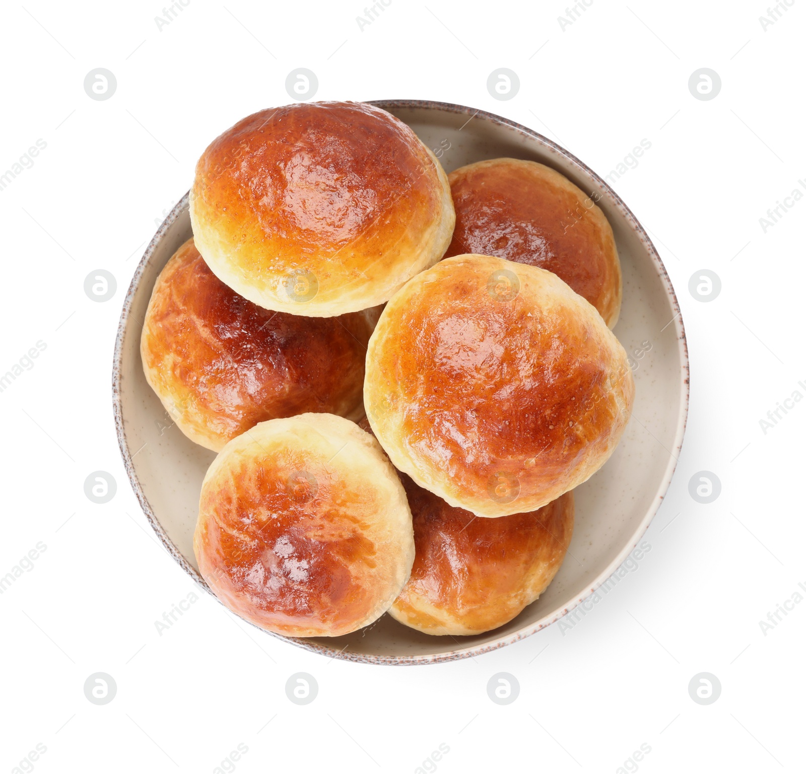 Photo of Tasty scones prepared on soda water isolated on white, top view