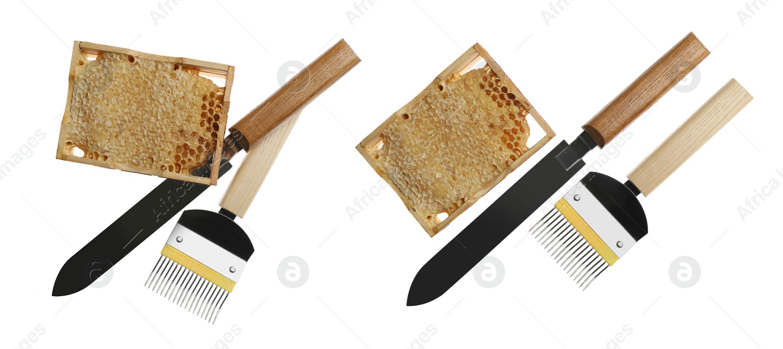 Image of Different beekeeping tools and hive frames with honeycombs on white background, top view. Banner design