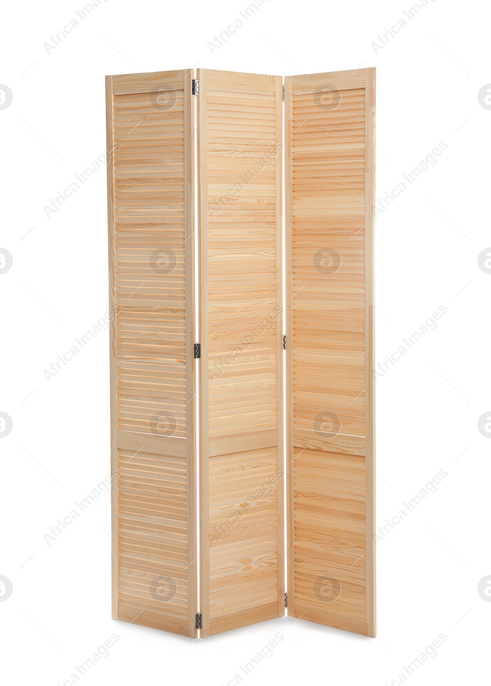 Photo of Wooden folding screen isolated on white. Interior element