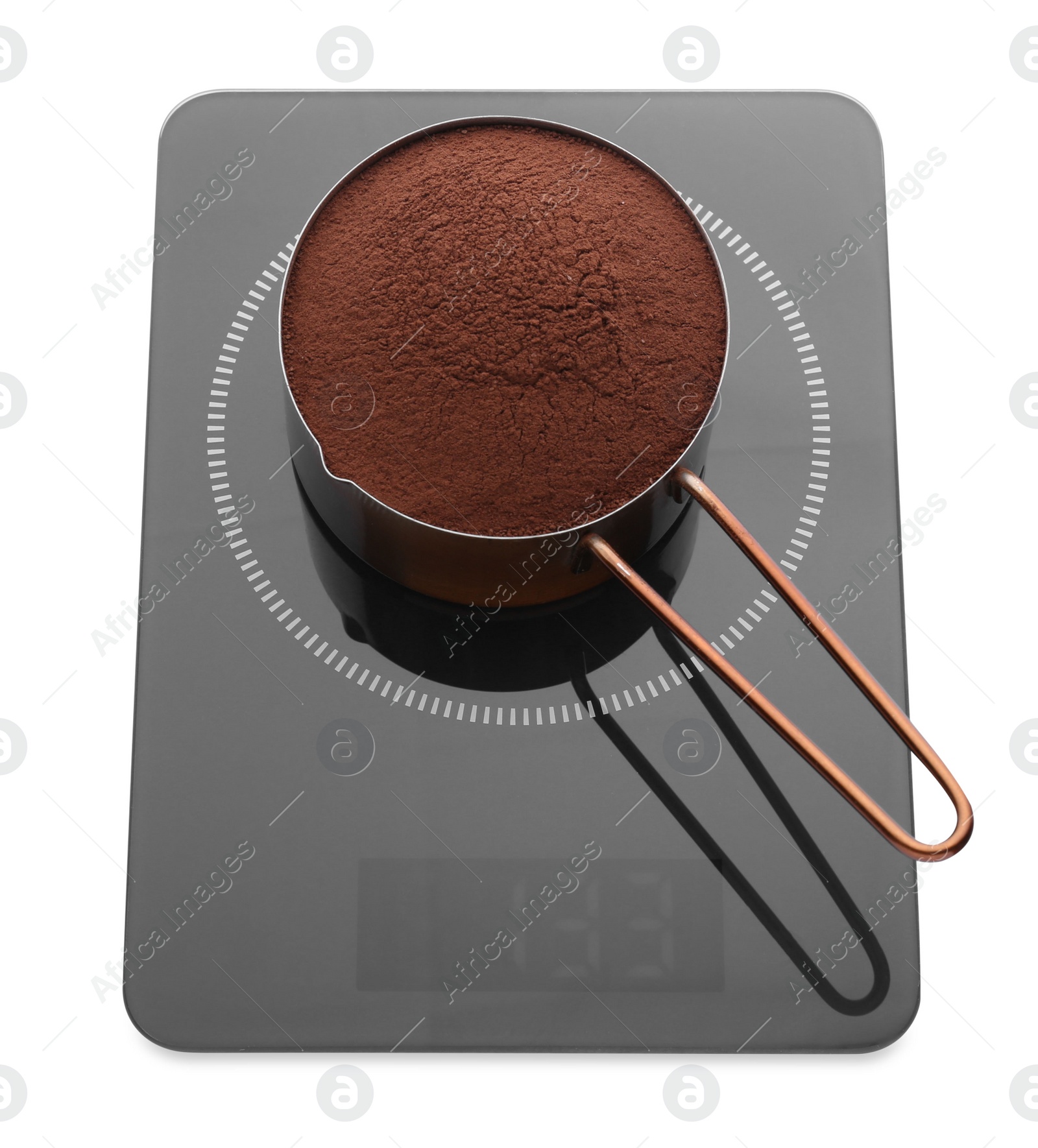 Photo of Modern kitchen scale with saucepan of cocoa powder isolated on white