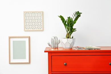 Photo of Tropical plant on dresser against light wall indoors