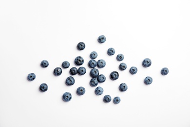 Photo of Flat lay composition with tasty blueberry on white background