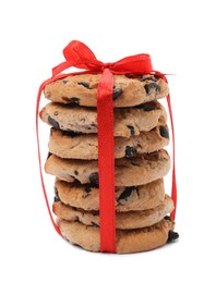 Photo of Tasty homemade chocolate chip cookies tied with red ribbon isolated on white