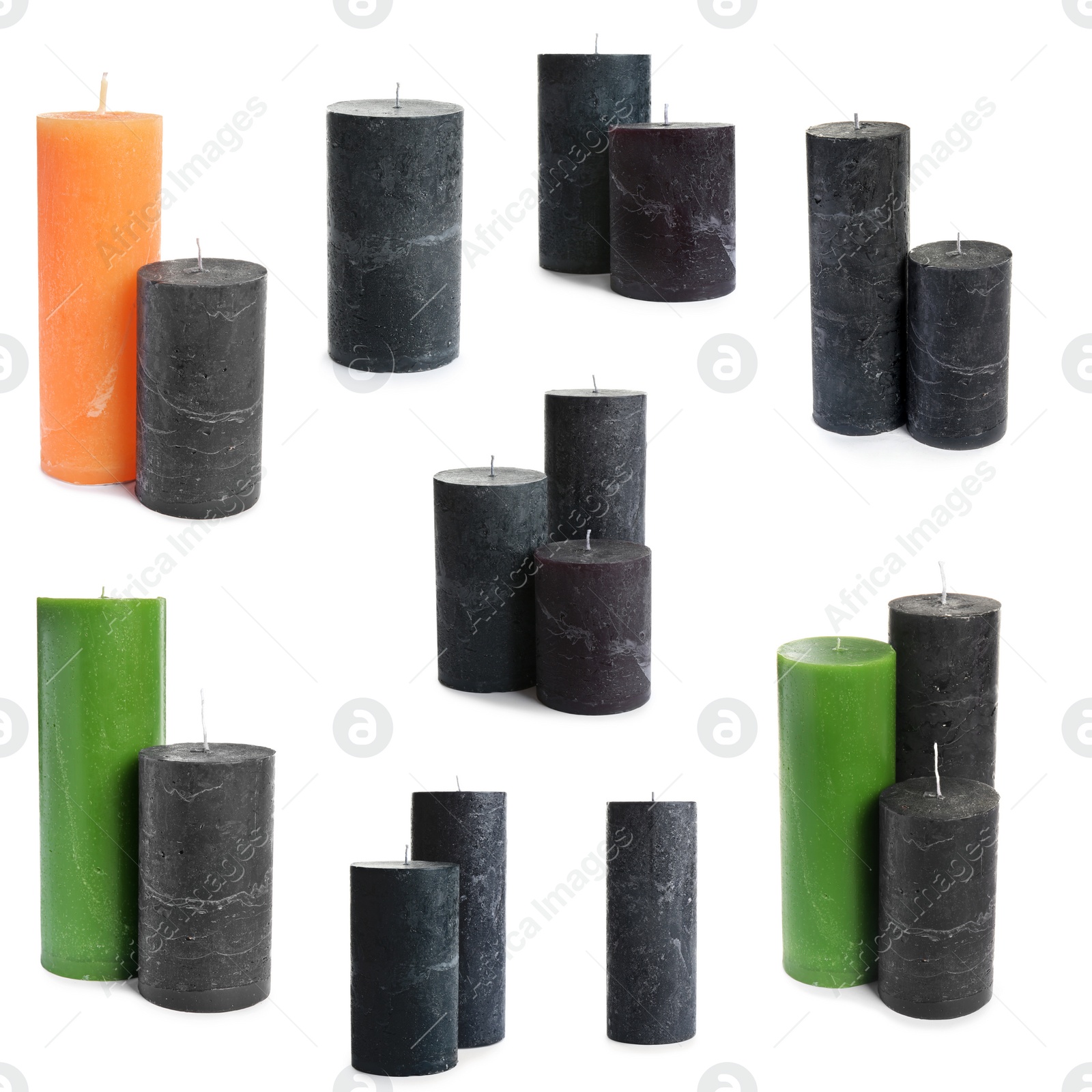 Image of Set of color wax candles on white background