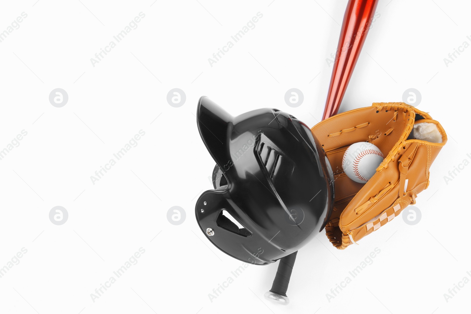 Photo of Baseball glove, bat, ball and batting helmet on white background, flat lay. Space for text
