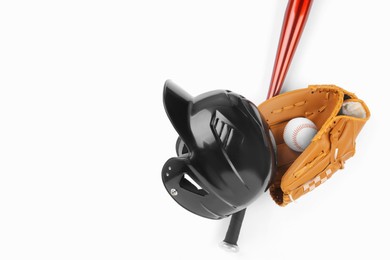 Photo of Baseball glove, bat, ball and batting helmet on white background, flat lay. Space for text