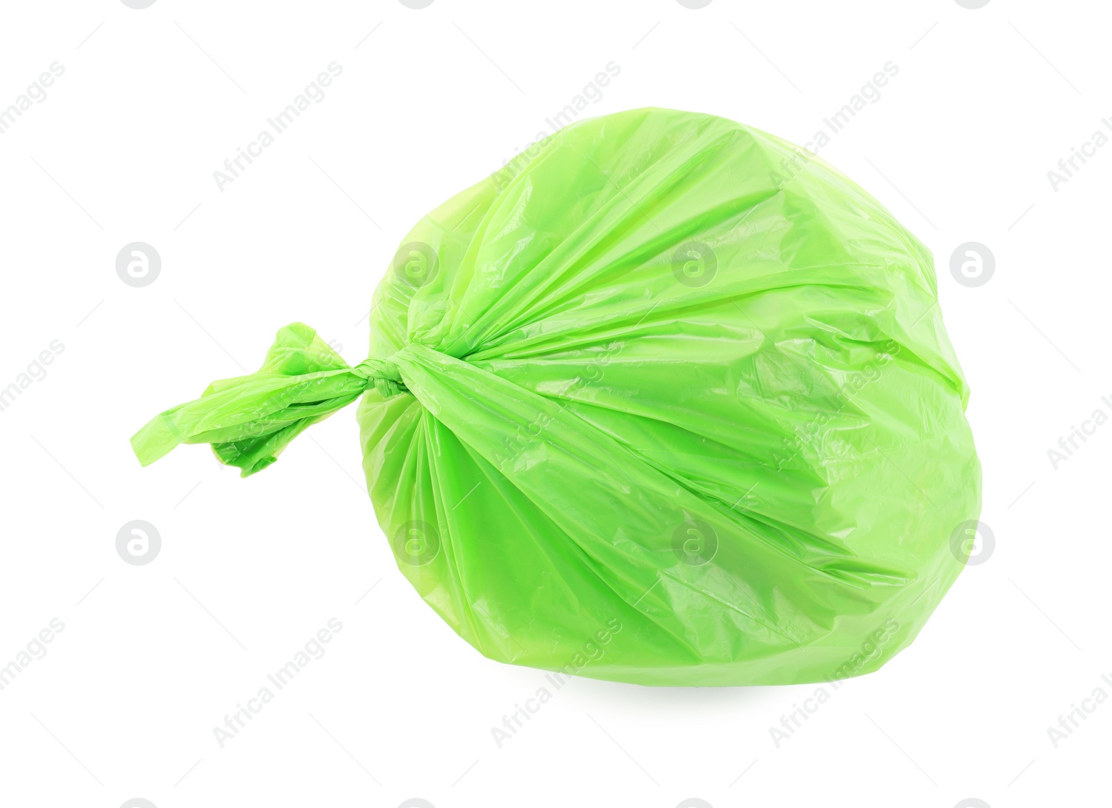 Photo of Green plastic garbage bag isolated on white, top view