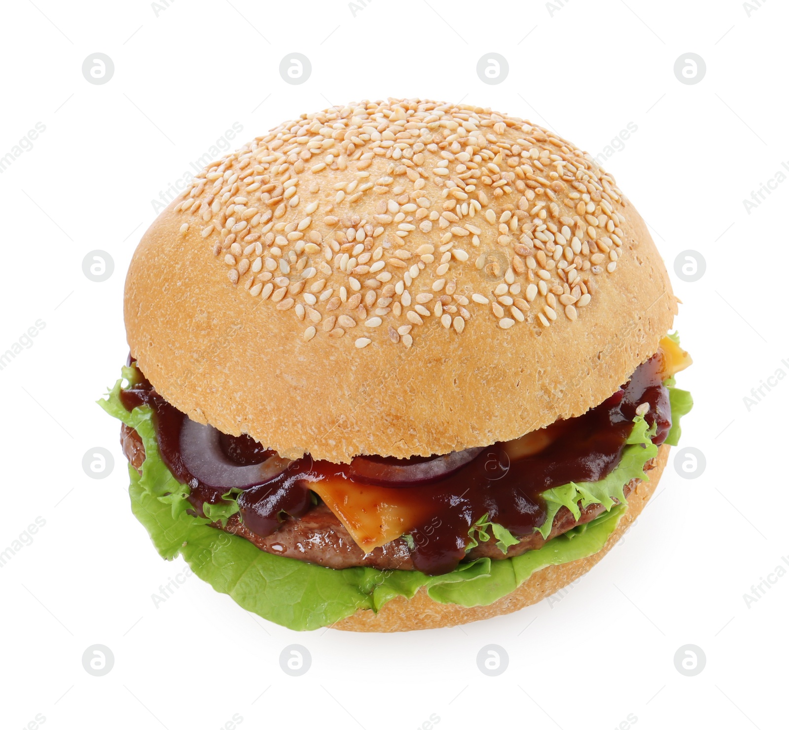 Photo of Delicious cheeseburger with lettuce, onion, ketchup and patty isolated on white
