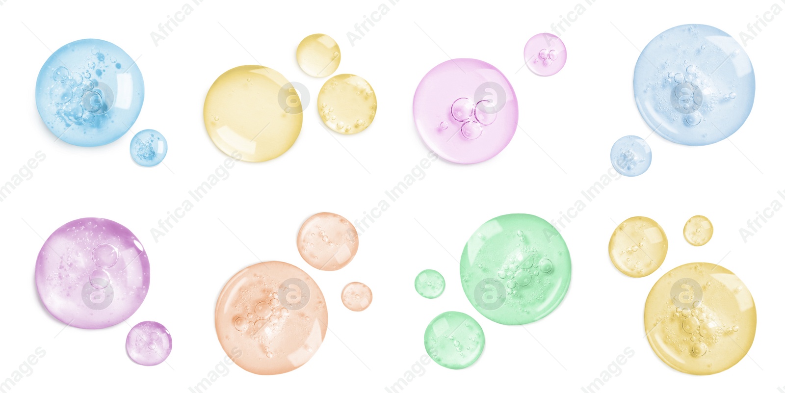 Image of Serum drops on white background, top view. Skin care product