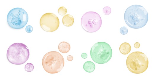 Image of Serum drops on white background, top view. Skin care product