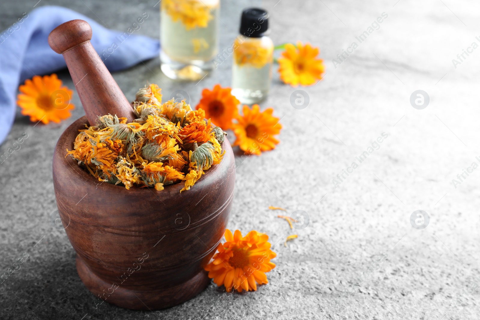 Photo of Wooden mortar with dry calendula flowers on light grey table. Space for text