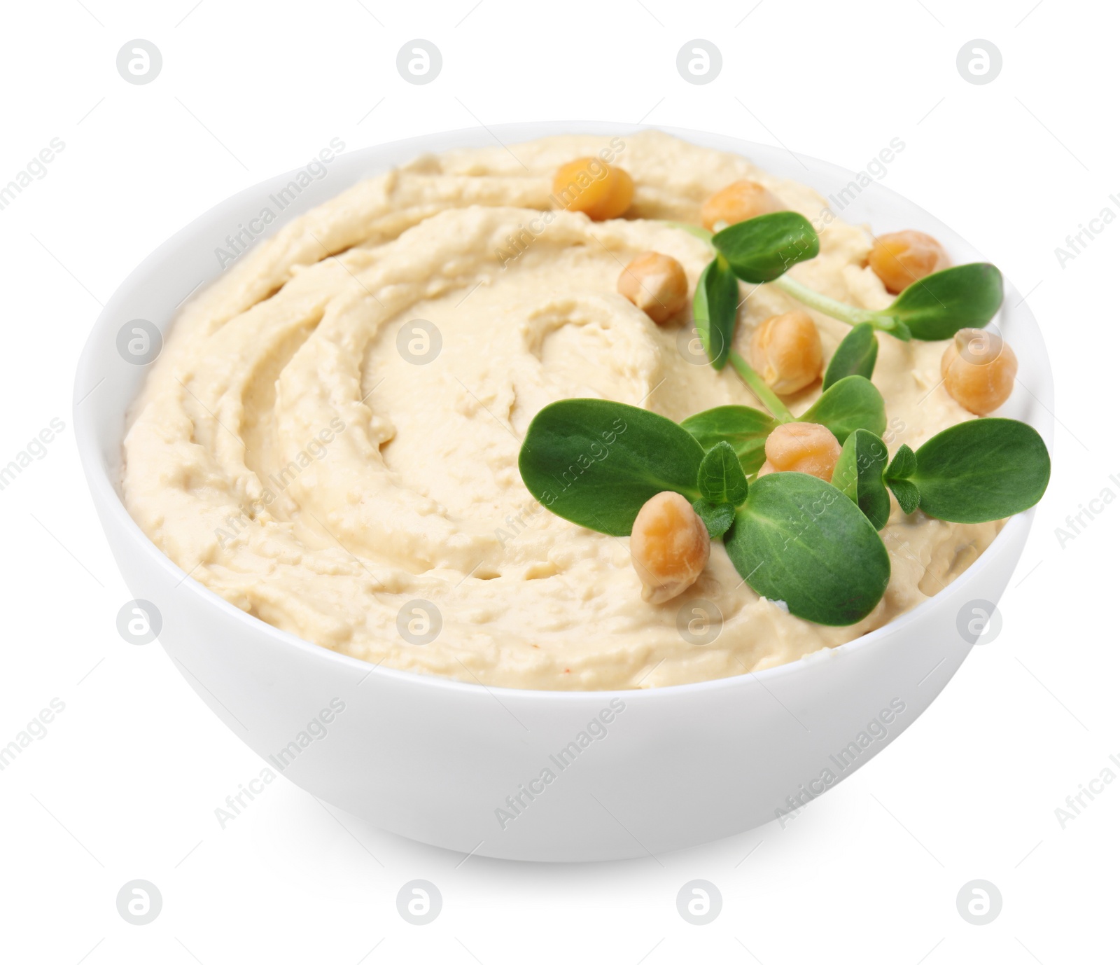 Photo of Bowl of delicious hummus with chickpeas isolated on white