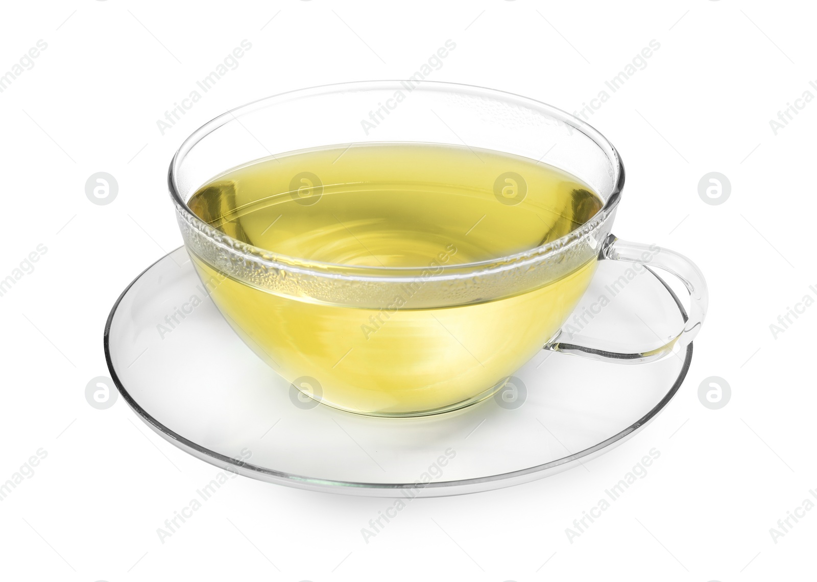 Photo of Refreshing green tea in cup isolated on white