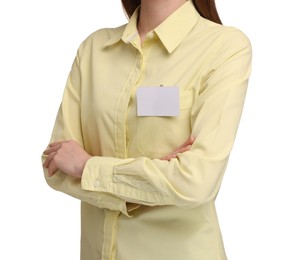 Photo of Woman with blank badge on white background, closeup