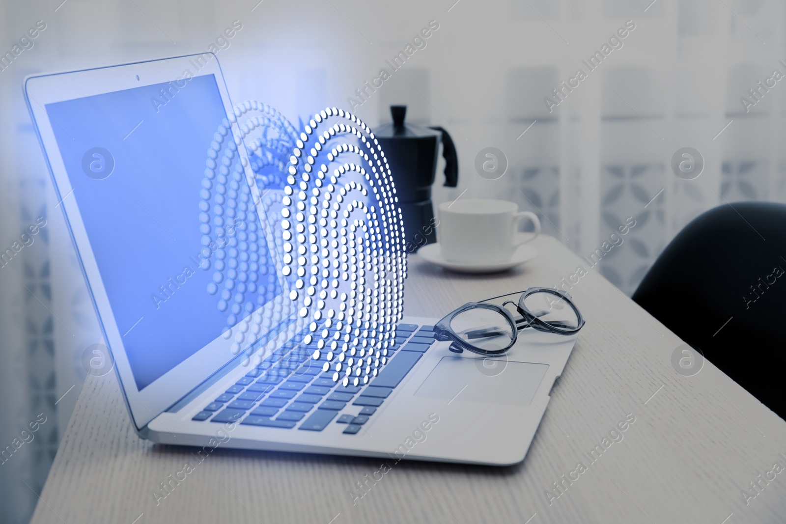 Image of Fingerprint identification. Modern laptop on table indoors