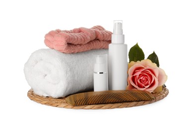 Photo of Beautiful spa composition with different care products and flower on white background