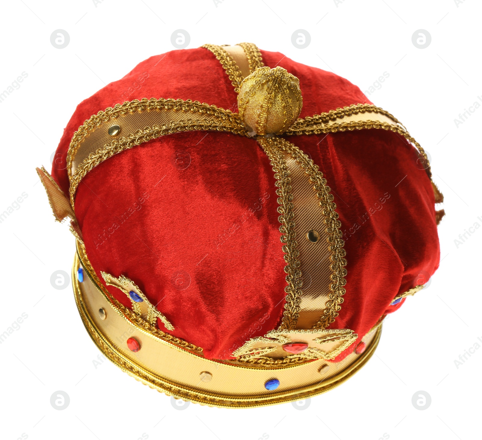 Photo of Beautiful velvet crown on white background. Fantasy item