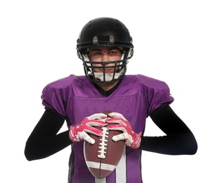 Photo of American football player with ball on white background