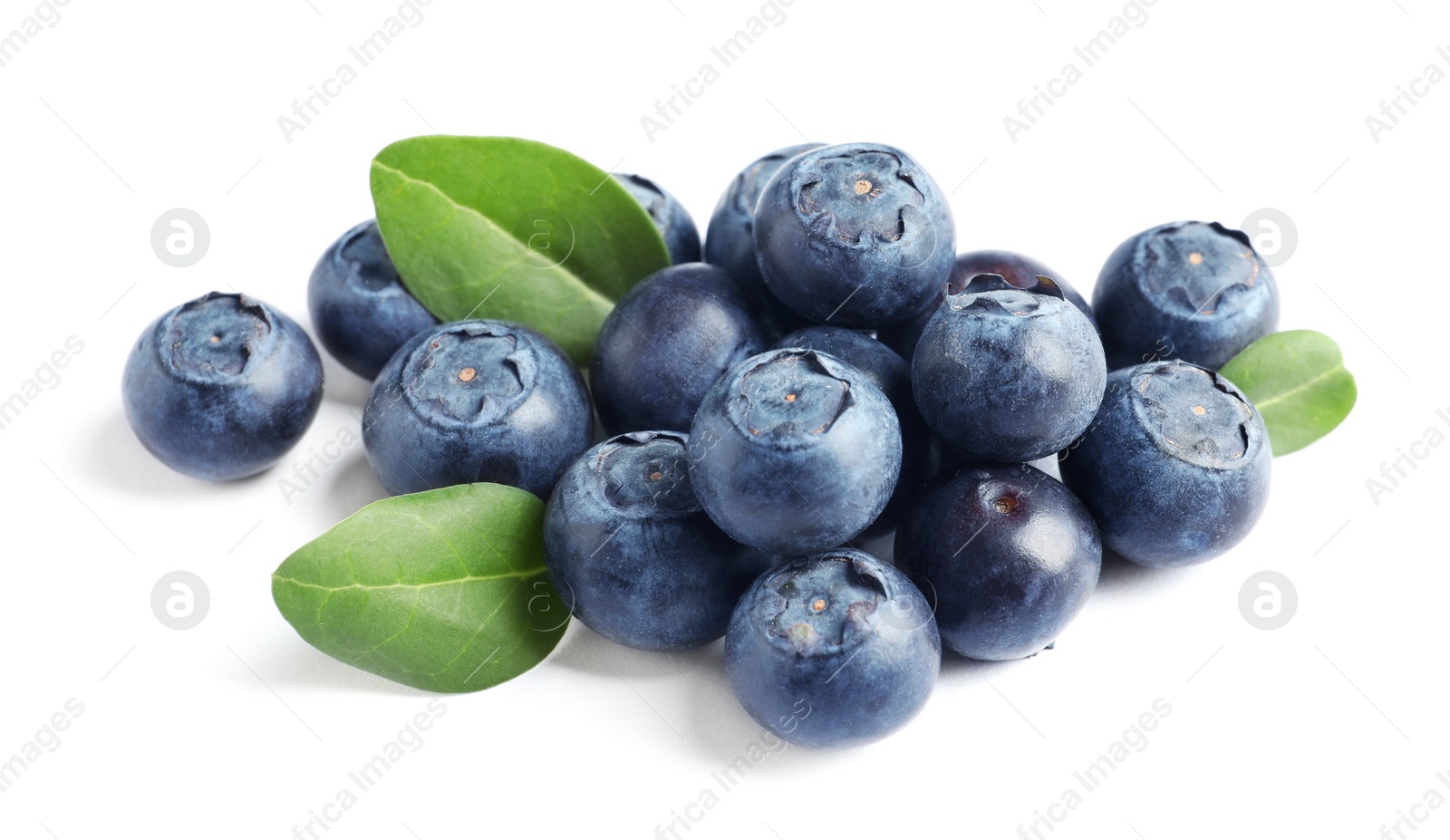 Photo of Fresh raw tasty blueberries with leaves isolated on white