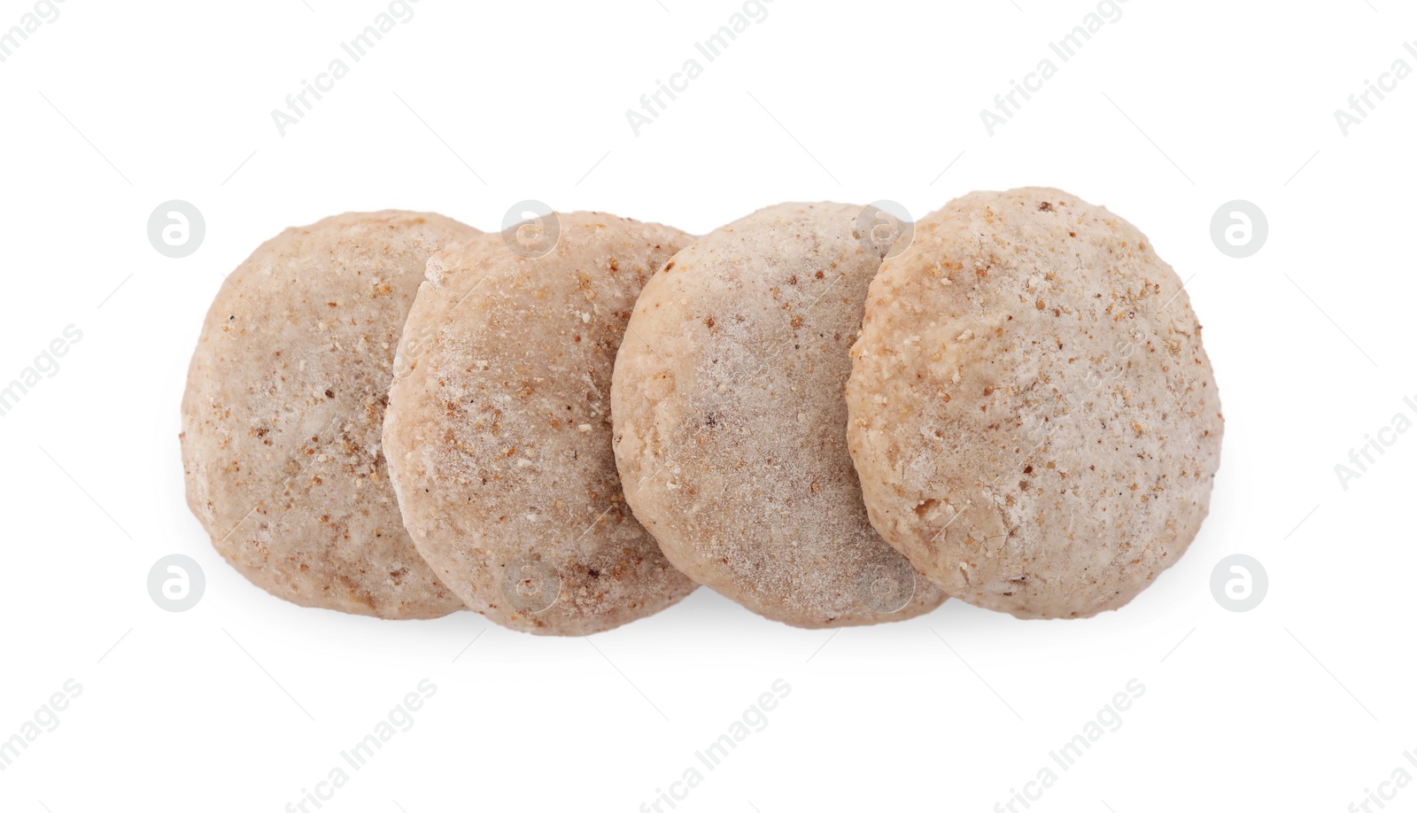 Photo of Raw vegan nuggets isolated on white, top view