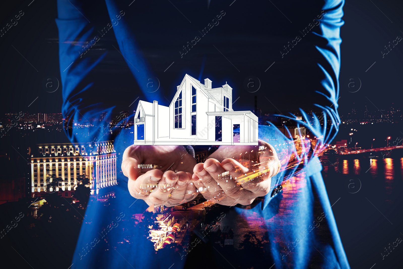 Image of Double exposure of real estate agent with house illustration and night city