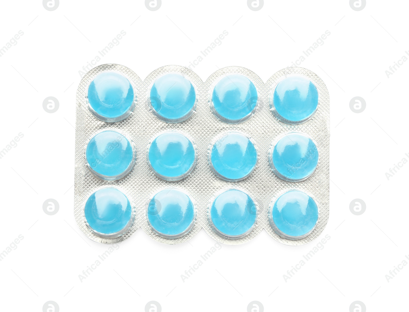 Photo of Blister with blue cough drops isolated on white, top view