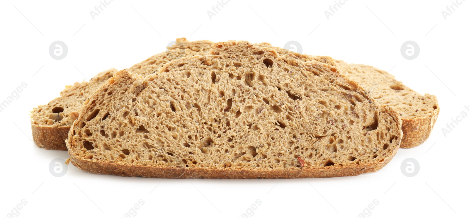 Photo of Slices of freshly baked sourdough bread isolated on white