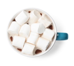 Photo of Tasty hot chocolate with marshmallows isolated on white, top view