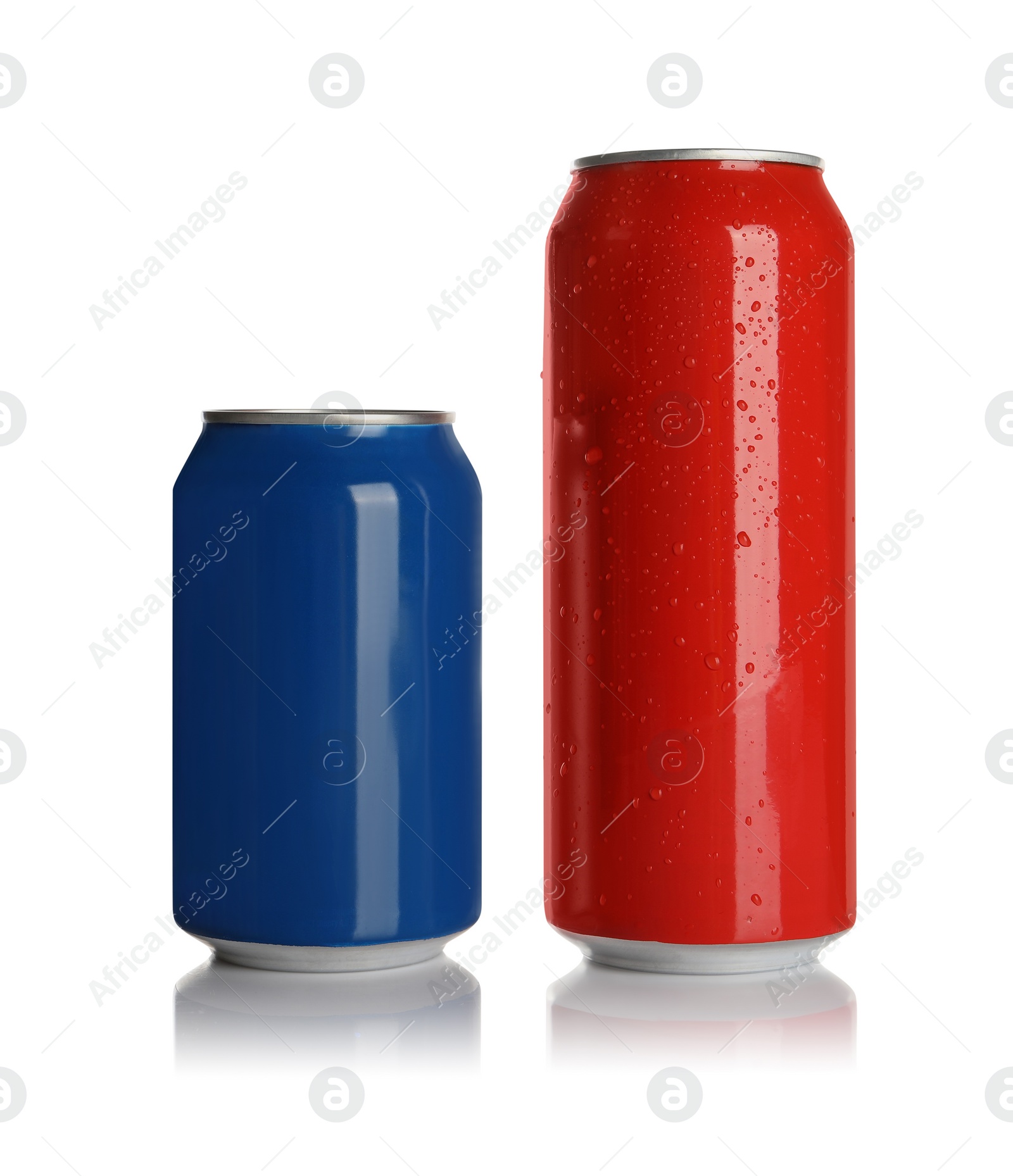 Photo of Aluminum cans with drinks on white background