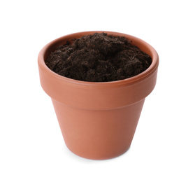 Stylish terracotta flower pot with soil isolated on white