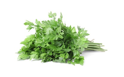 Photo of Heap of chopped parsley leaves isolated on white