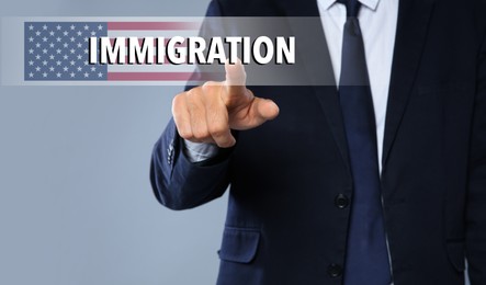 Image of Immigration. Businessman touching digital screen with word and flag of America on grey background, closeup