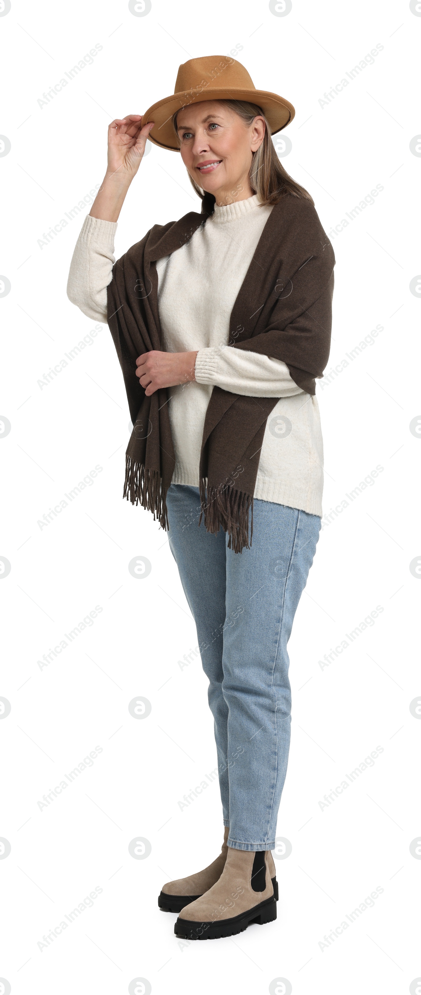 Photo of Full length portrait of senior woman in stylish hat on white background