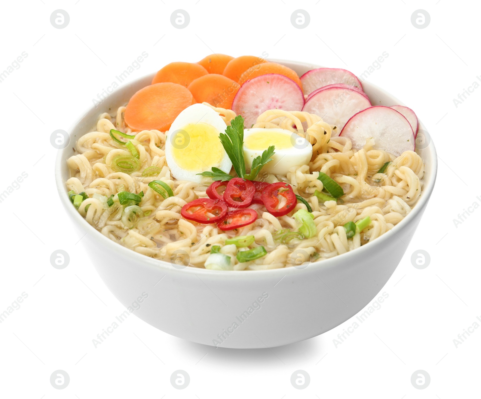 Photo of Tasty soup with instant noodles, egg and vegetables in bowl isolated on white