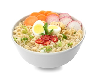 Tasty soup with instant noodles, egg and vegetables in bowl isolated on white