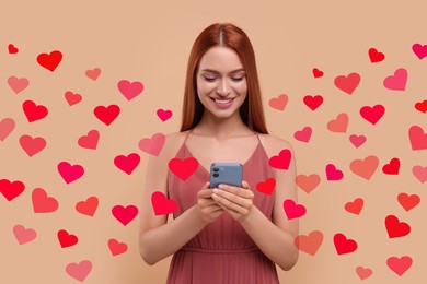 Image of Long distance love. Woman chatting with sweetheart via smartphone on dark beige background. Hearts flying out of device and swirling around her