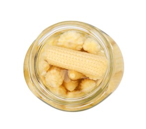 Photo of Jar of pickled baby corn isolated on white, top view