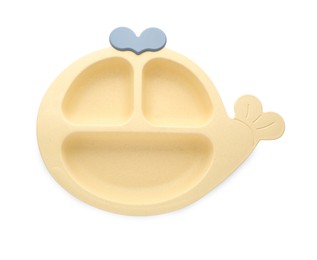 Cute plastic section plate isolated on white, top view. Serving baby food
