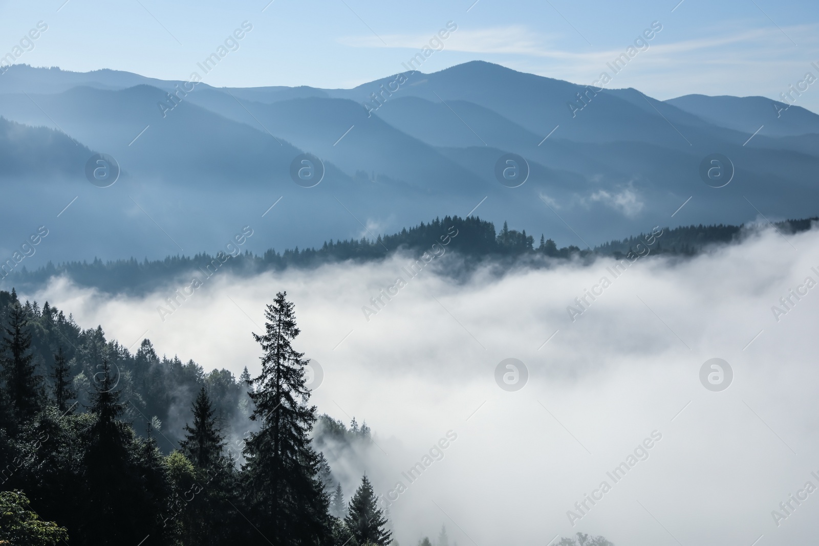 Photo of Beautiful view of mountains covered with fog at sunrise