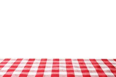 Photo of Table with red checkered cloth isolated on white