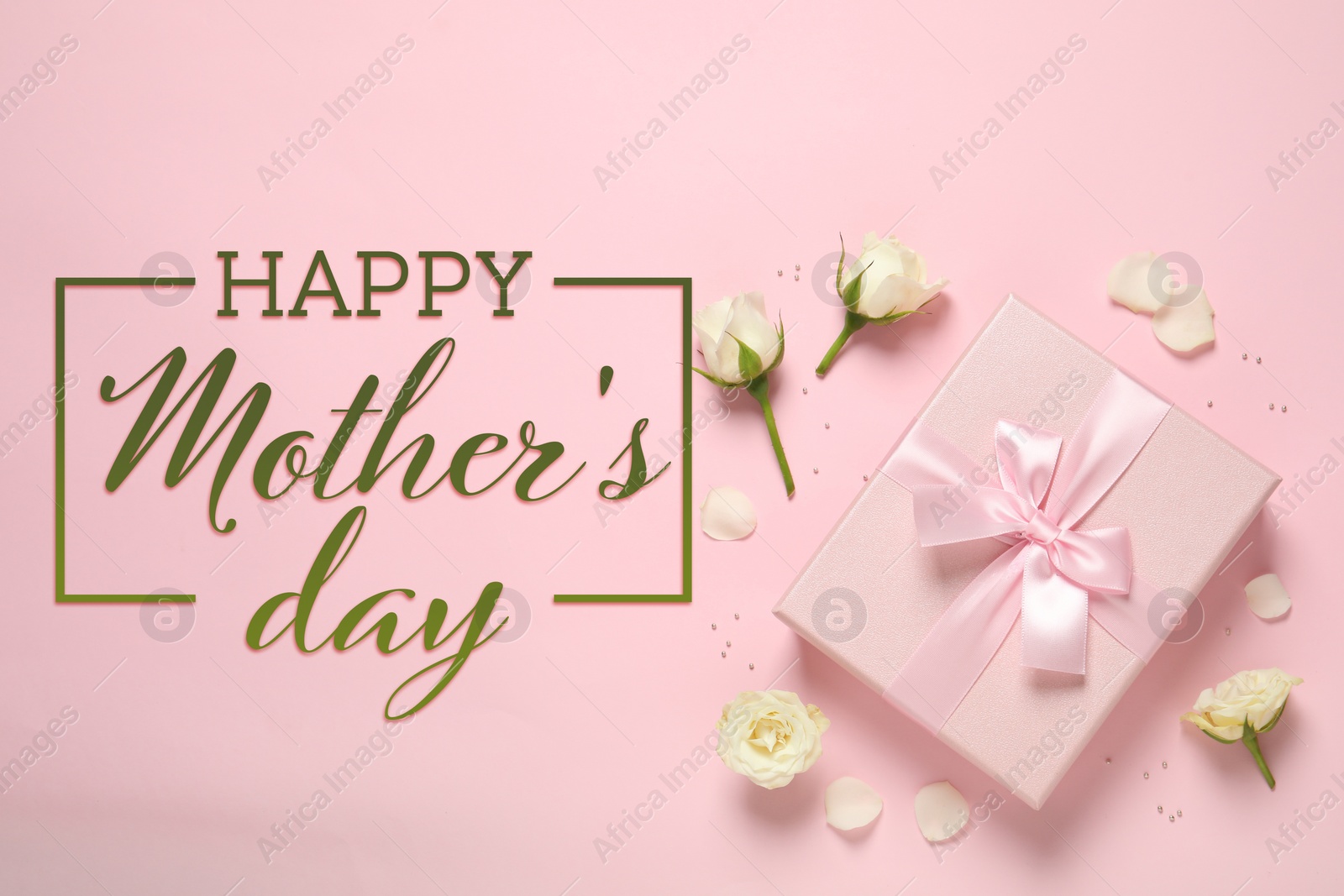 Image of Happy Mother's Day. Greeting card with gift box and beautiful flowers on pink background, flat lay