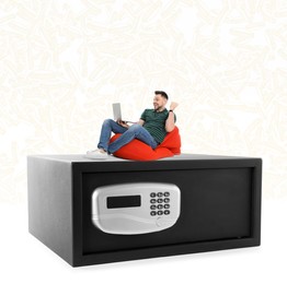 Image of Multiplying wealth, increasing savings. Happy man with laptop in beanbag on big steel safe, coin illustrations on background