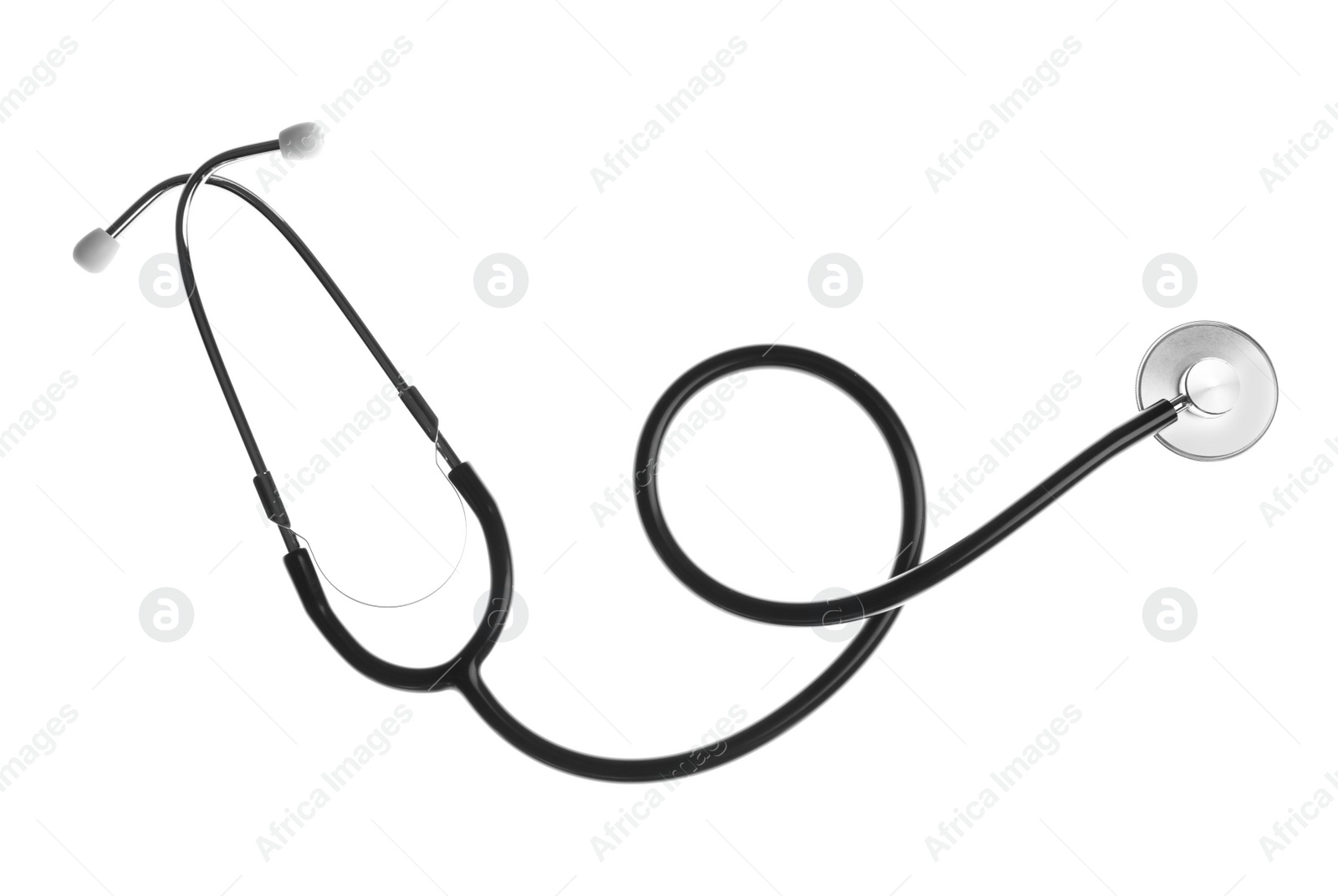 Photo of Stethoscope on white background, top view. Medical device