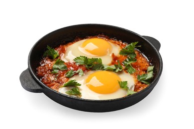 Photo of Delicious shakshuka in frying pan isolated on white