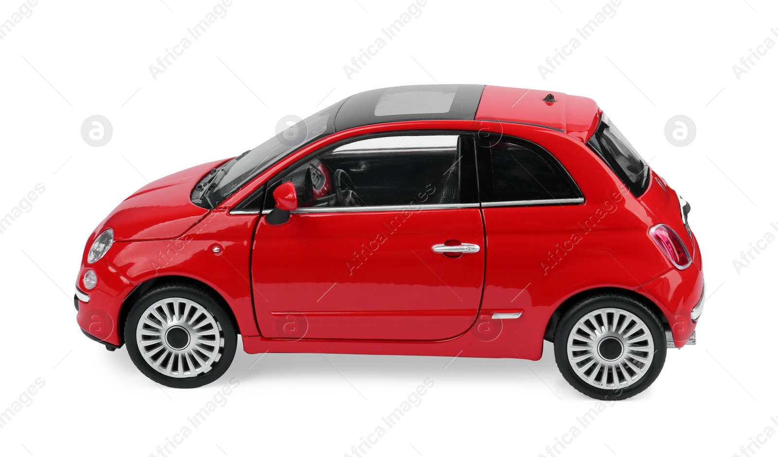Photo of Red car isolated on white. Children's toy