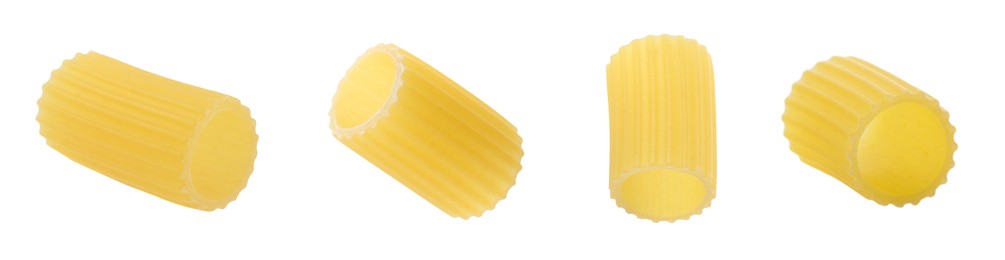 Image of Raw rigatoni pasta isolated on white, set